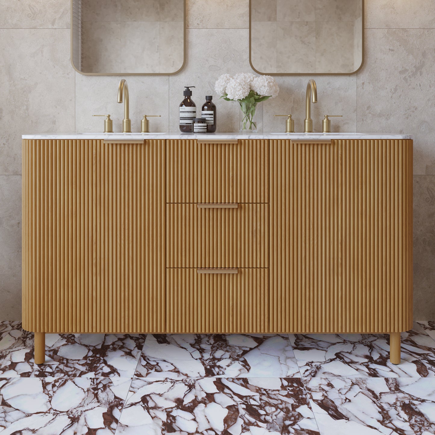 Havana 60" Double Bathroom Vanity in Reeded Birch | Carrara Marble Countertop