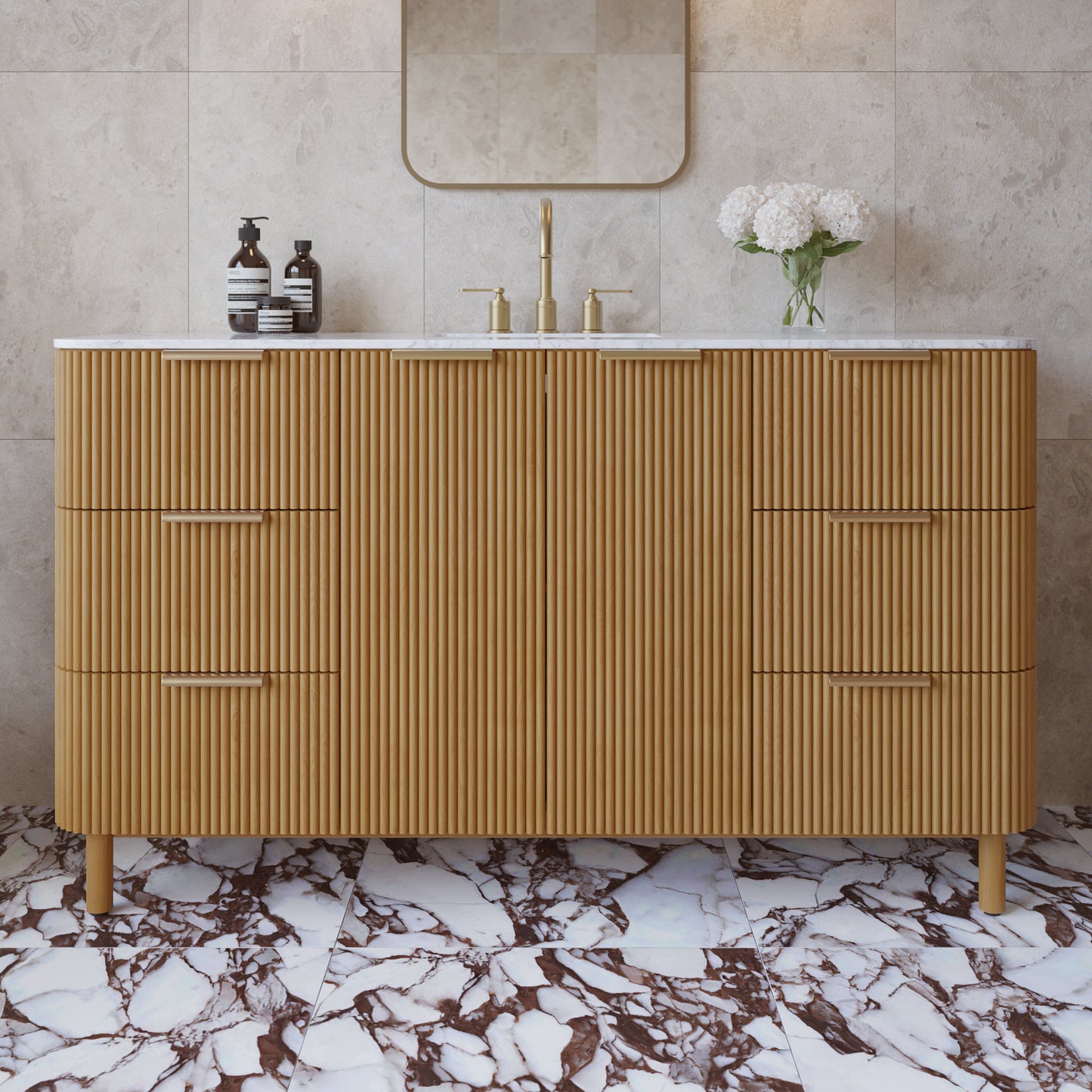 Havana 60" Single Bathroom Vanity in Reeded Birch | Carrara Marble Countertop