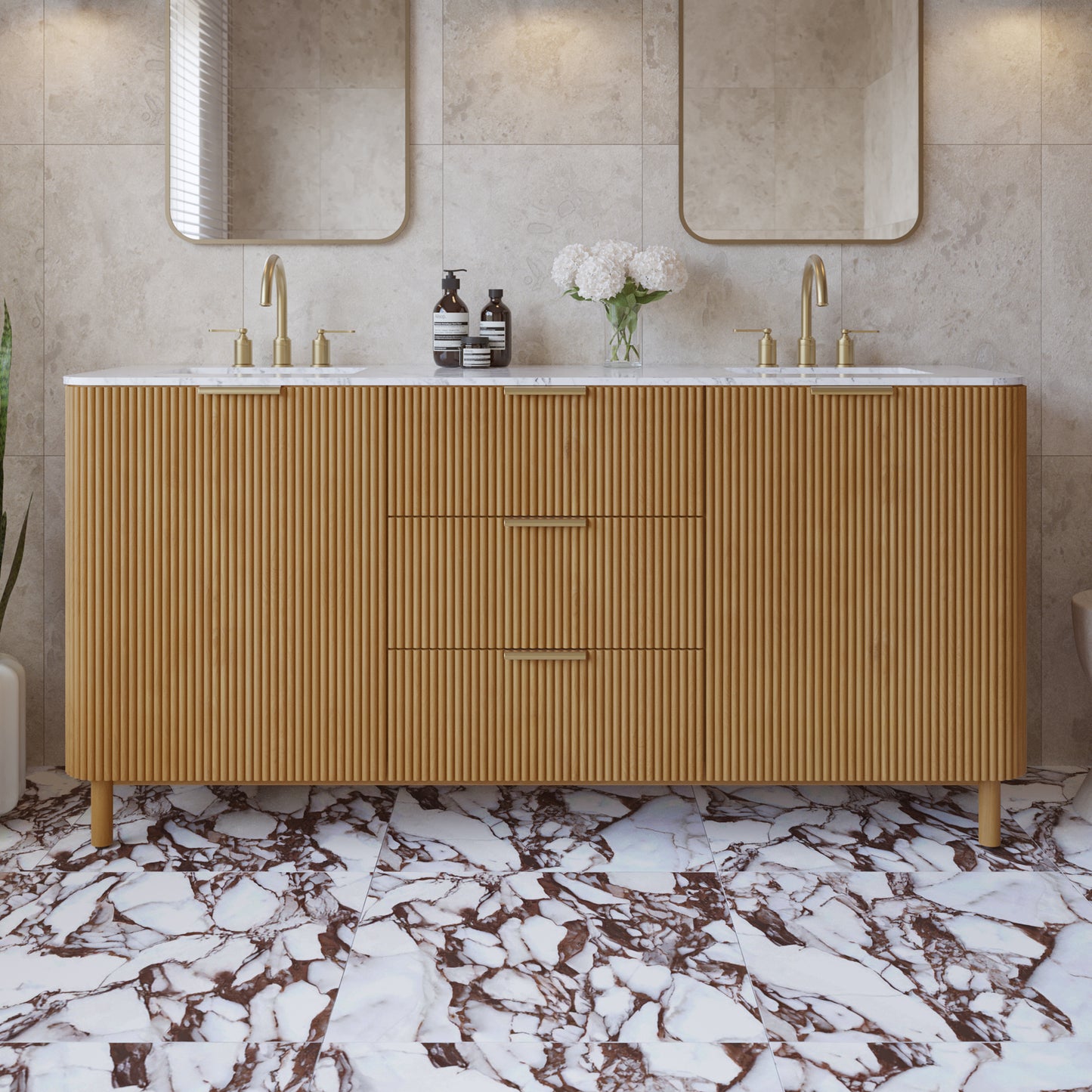 Havana 72" Double Bathroom Vanity in Reeded Birch | Carrara Marble Countertop