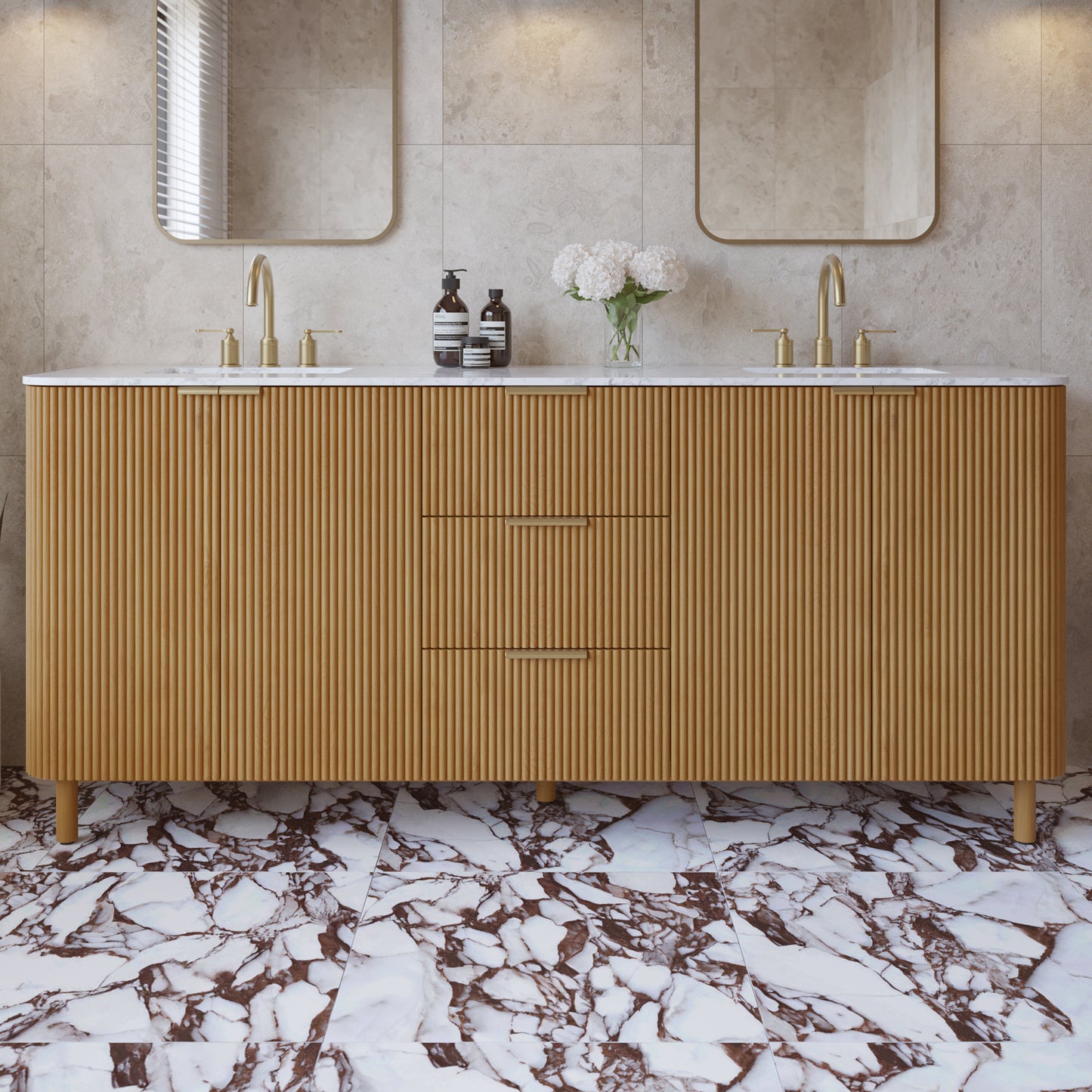 Havana 78" Reeded Double Bathroom Vanity | Carrara Marble Countertop