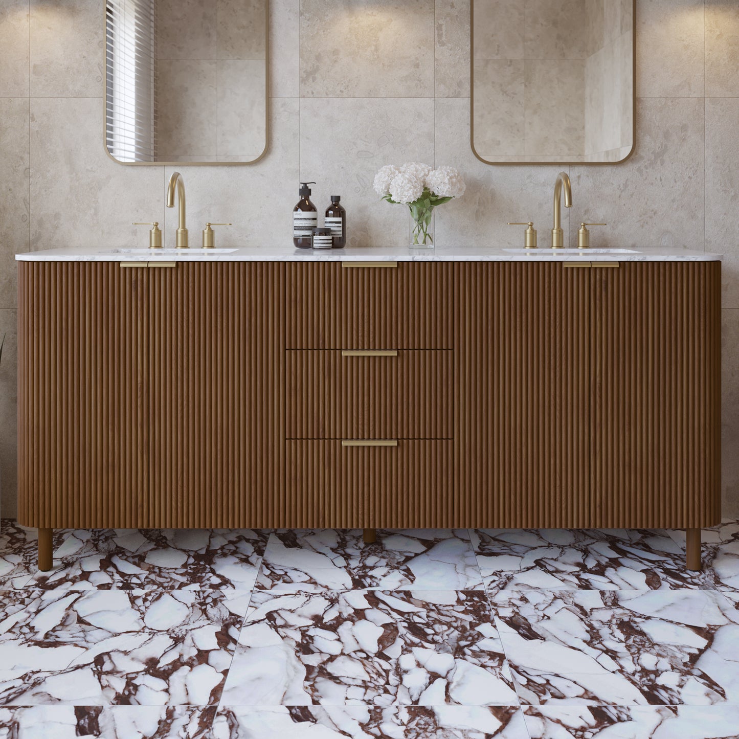Havana 78" Double Bathroom Vanity in Brown Reeded Birch | Carrara Marble Countertop