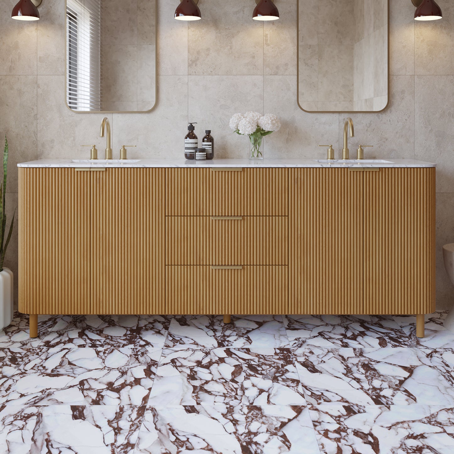 Havana 84" Double Bathroom Vanity in Reeded Birch | Carrara Marble Countertop