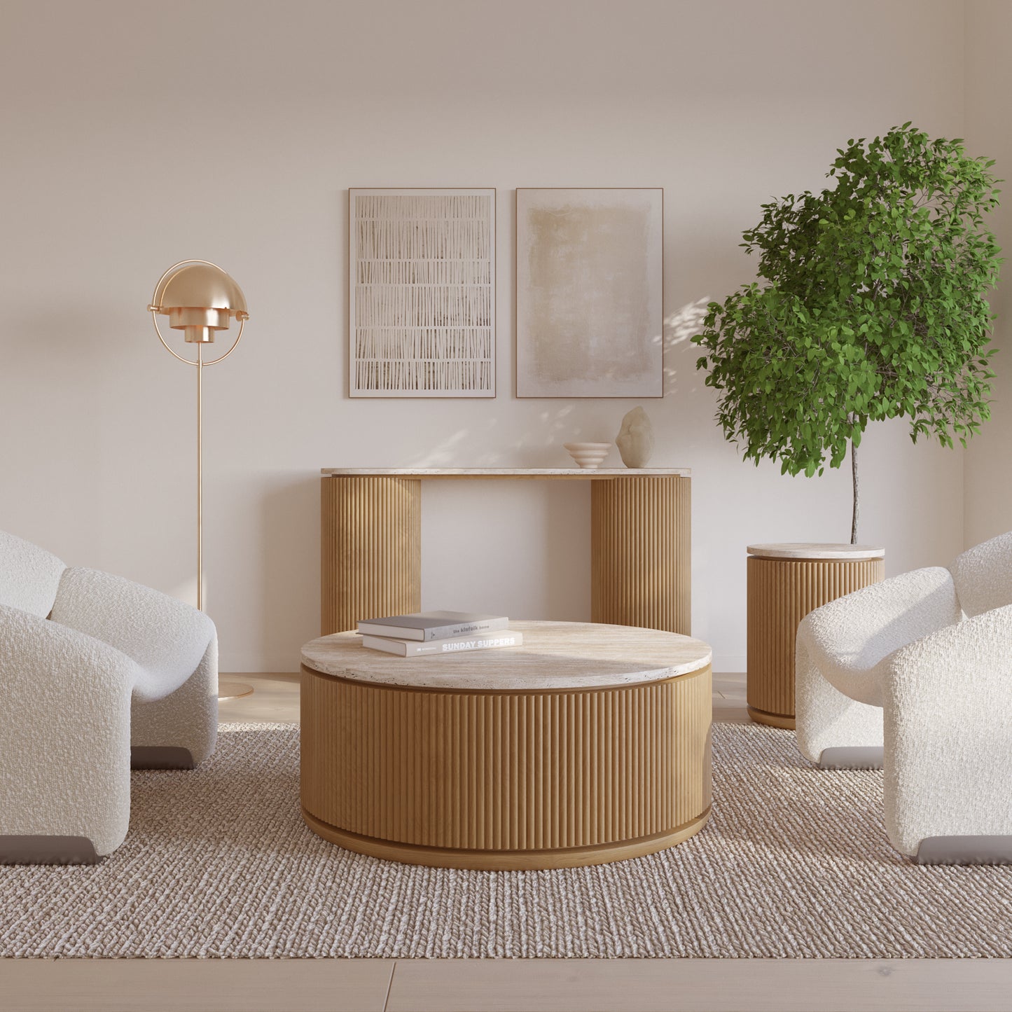 Aster 16" Reeded Side Table | Travertine Top
