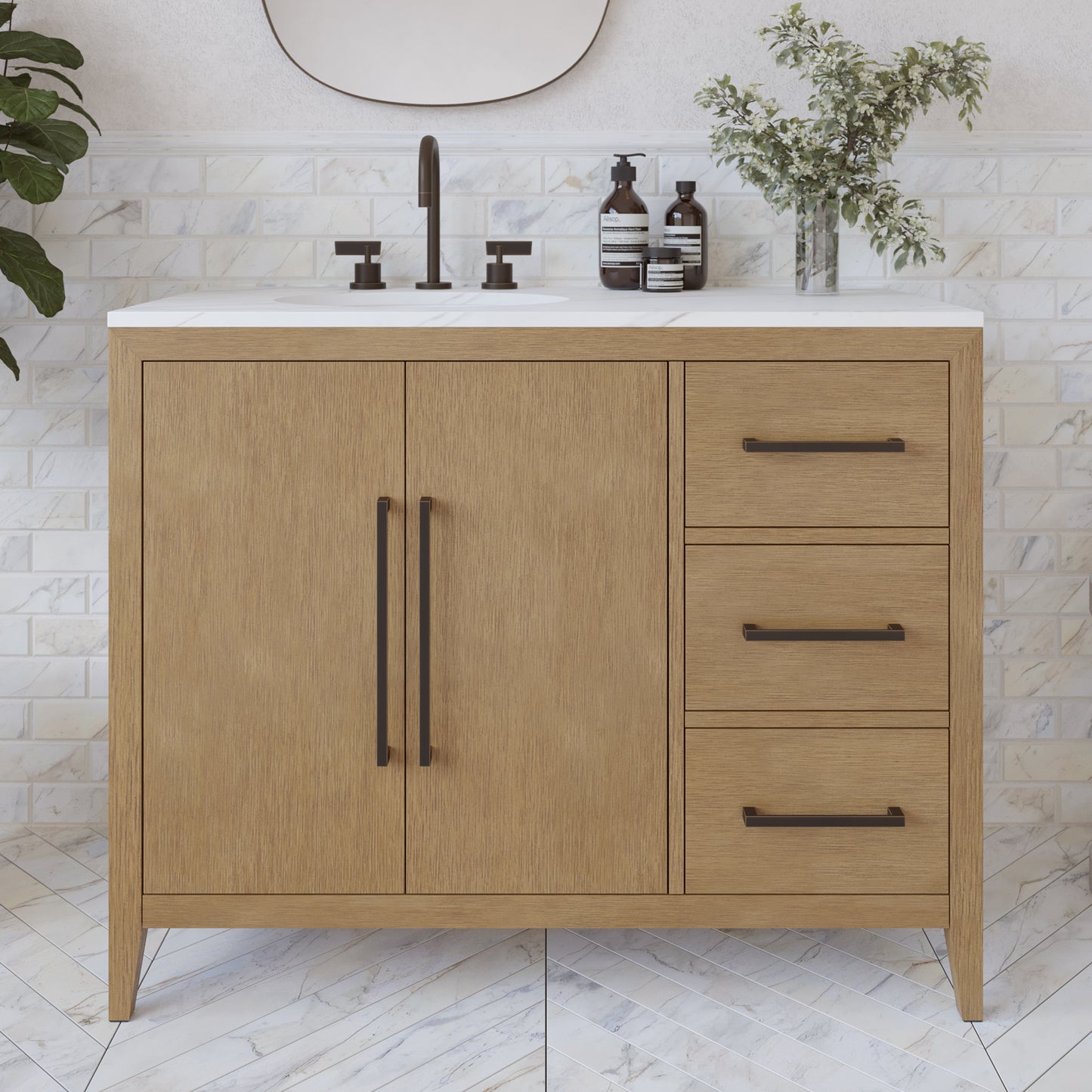 Bergen 42" Single Bathroom Vanity in Wire Brushed Oak | White Statuario Quartz Countertop