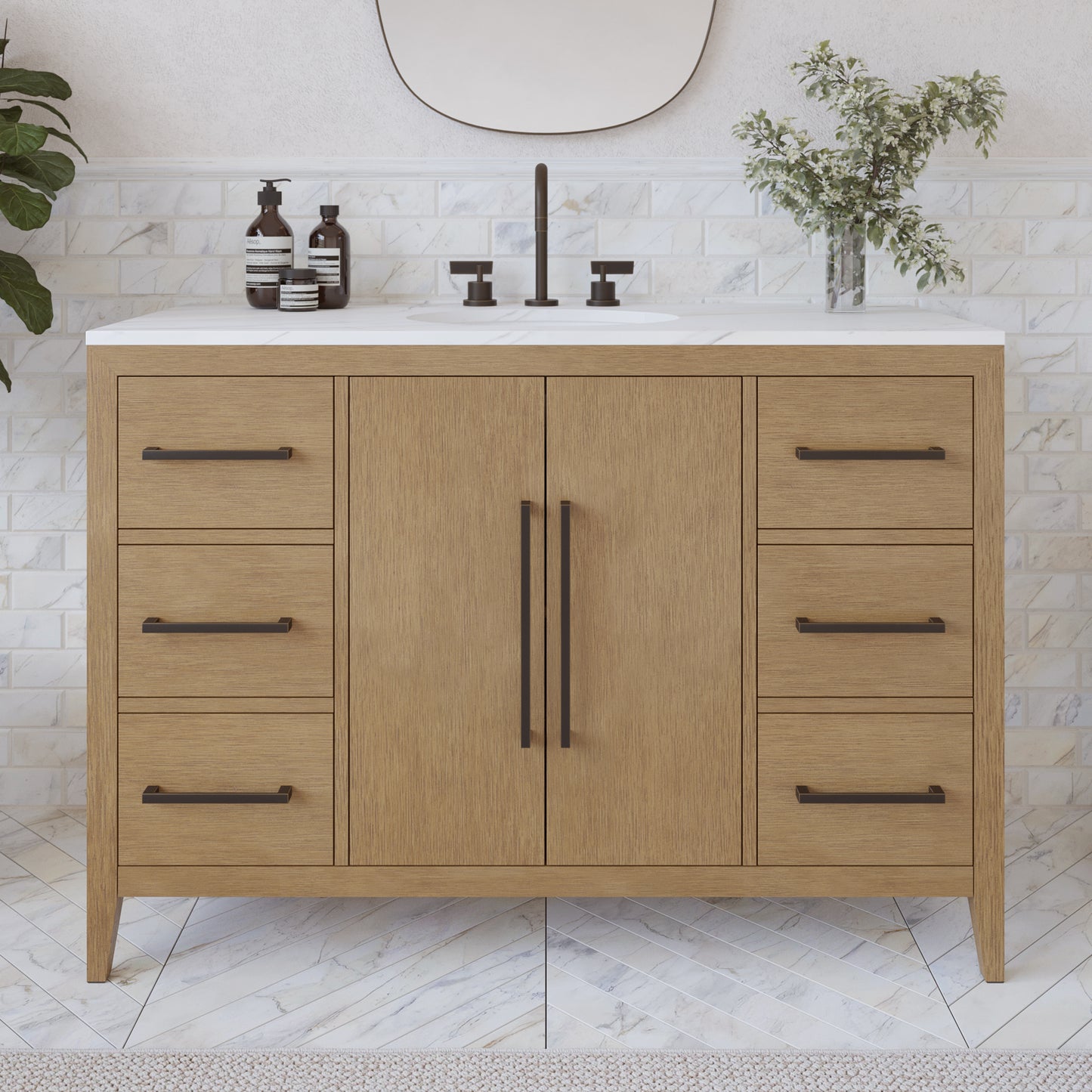Bergen 48" Single Bathroom Vanity in Wire Brushed Oak | White Statuario Quartz Countertop