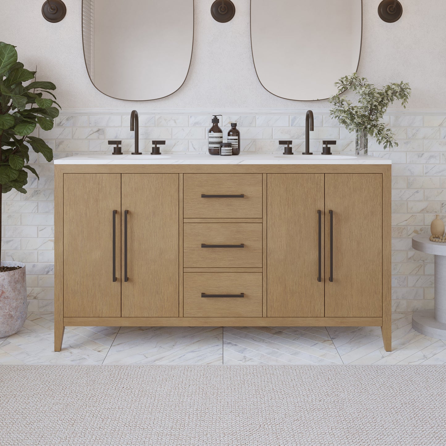 Bergen 60" Double Bathroom Vanity in Wire Brushed Oak | White Statuario Quartz Countertop