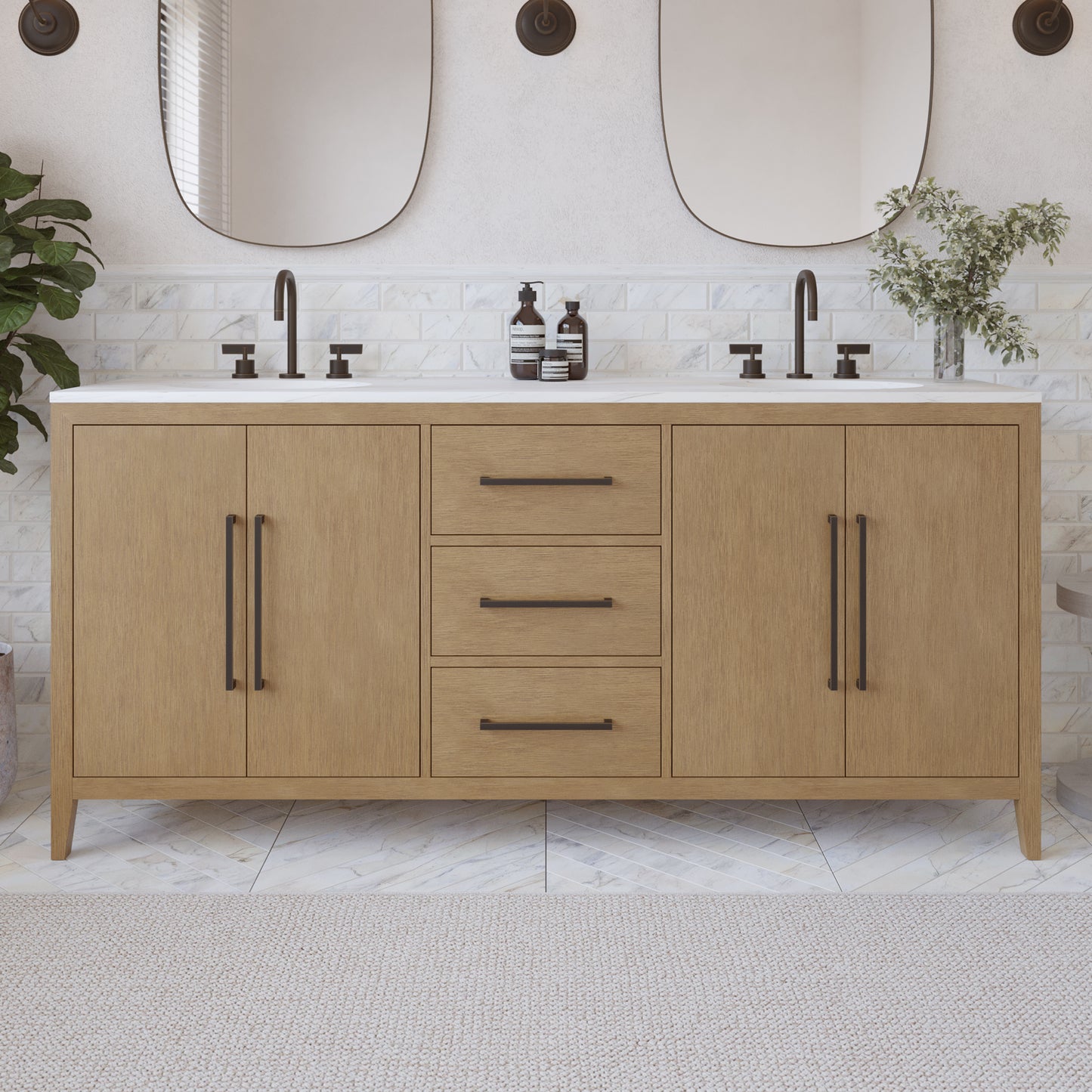 Bergen 72" Double Bathroom Vanity in Wire Brushed Oak | White Statuario Quartz Countertop