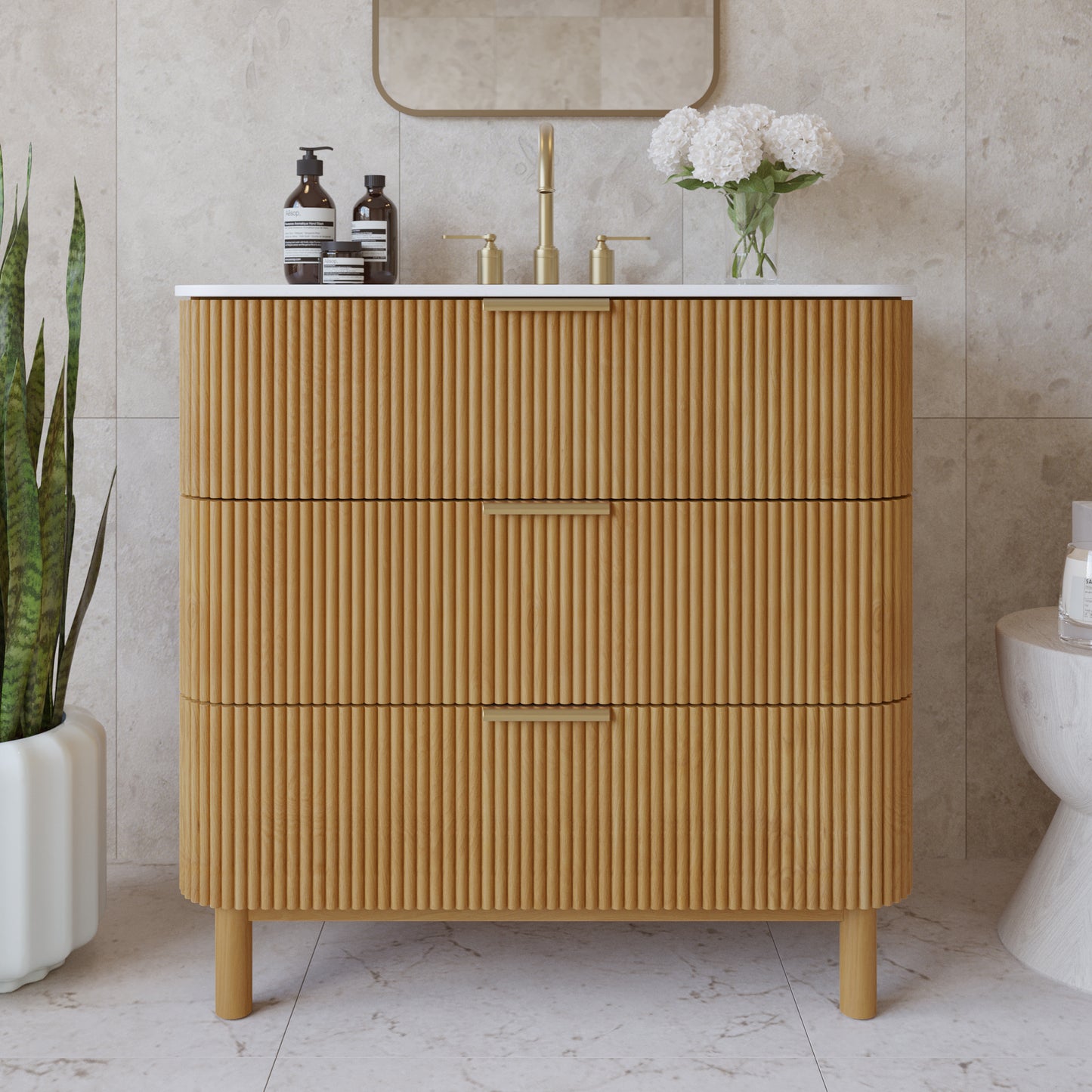Havana 36" Single Bathroom Vanity in Reeded Birch | White Quartz Countertop