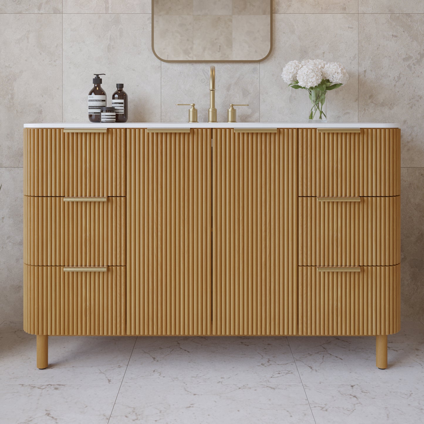 Havana 54" Single Bathroom Vanity in Reeded Birch | White Quartz Countertop