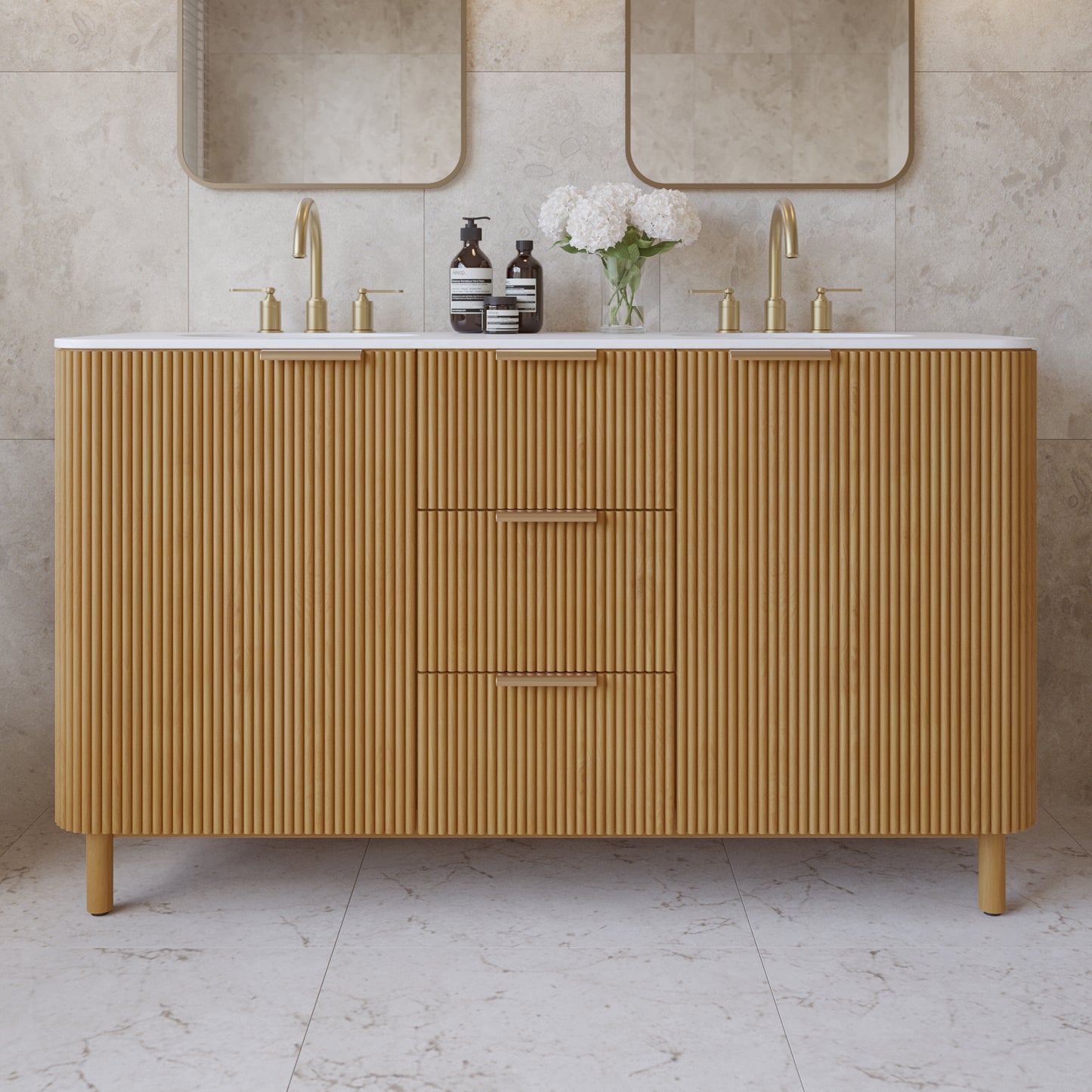Havana 60" Double Bathroom Vanity in Reeded Birch | Quartz Countertop
