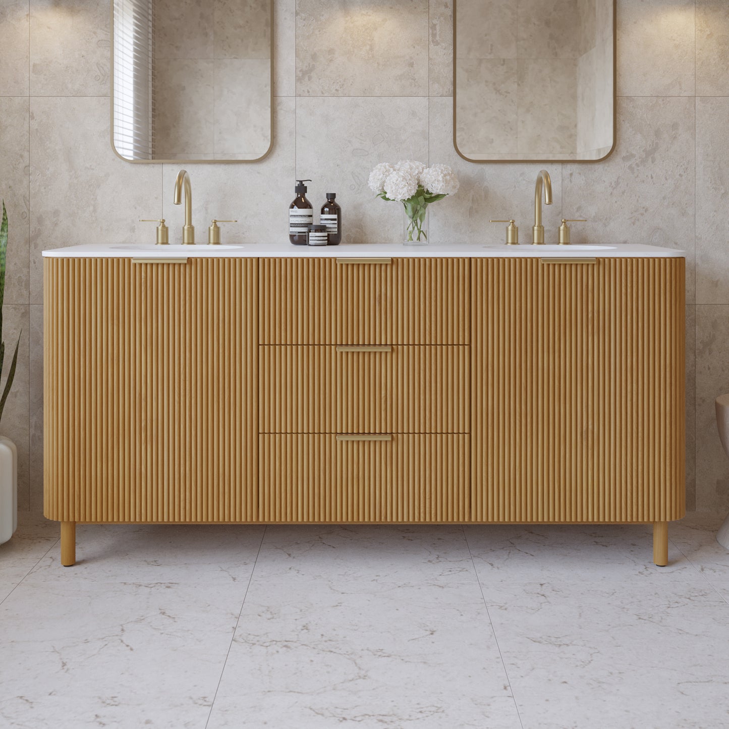 Havana 72" Double Bathroom Vanity in Reeded Birch | White Quartz Countertop