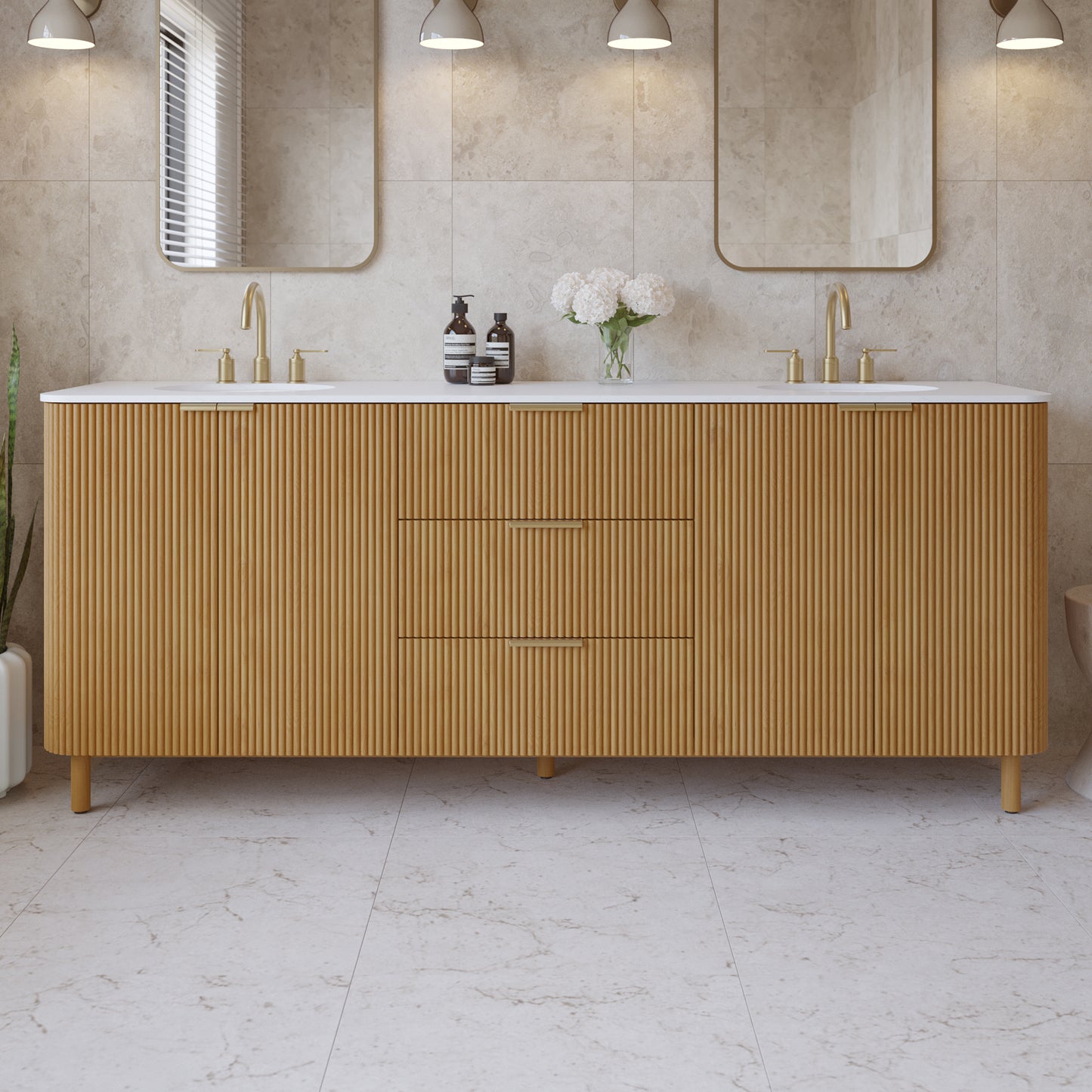 Havana 84" Double Bathroom Vanity in Reeded Birch  | White Quartz Countertop