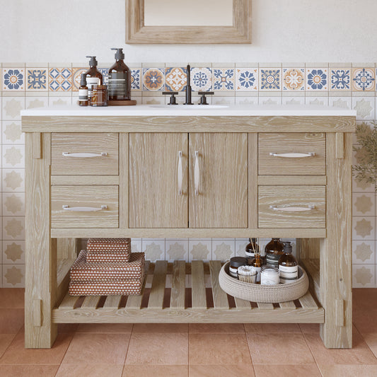 Telluride 48" Single Sink Bathroom Vanity in Washed Pine | White Quartz Countertop