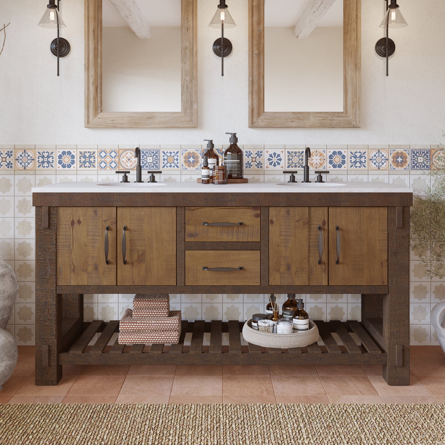 Telluride 66" Double Bathroom Vanity | White Quartz Countertop