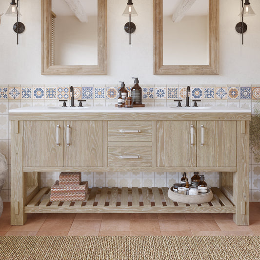 Telluride 72" Double Bathroom Vanity in Washed Pine | White Quartz Countertop