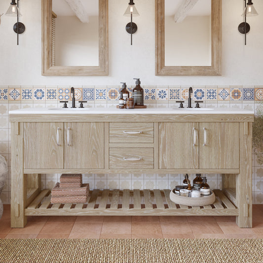 Telluride 72" Double Bathroom Vanity in Washed Pine | White Quartz Countertop