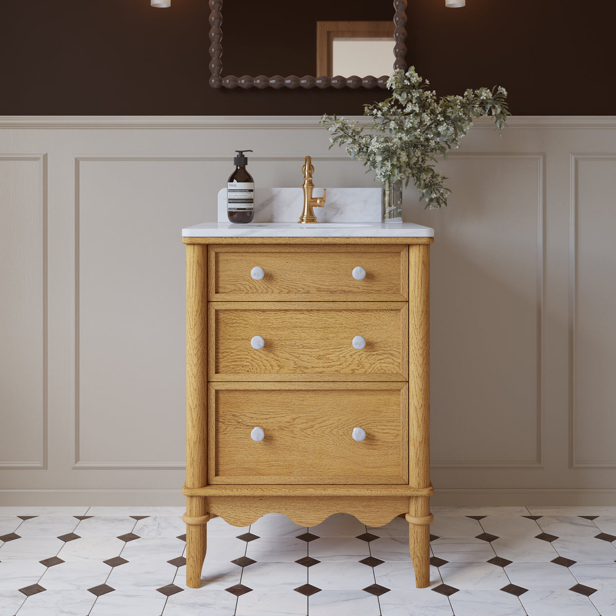 Juliette 24" Scallop Single Bathroom Vanity | Enhanced Natural Oak | Cultured Marble Countertop