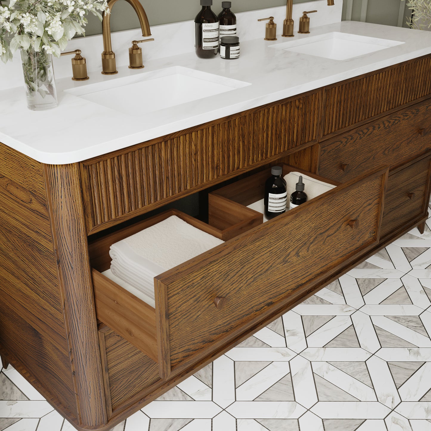 Kathryne 72" Double Bathroom Vanity in Enhaced Brown Oak | Statuario Quartz Countertop