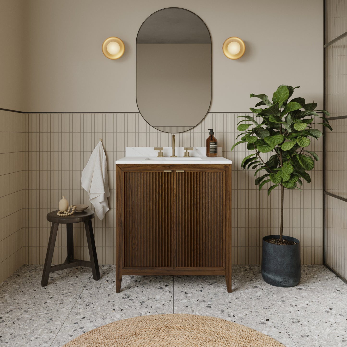 Kendal 30" RTA Single Bathroom Vanity in Enhanced Brown Oak | Cararra Engineered Marble