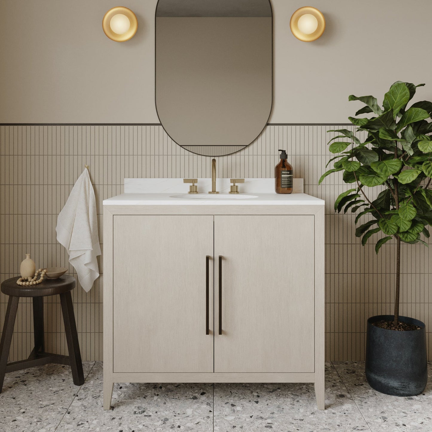 Bergen 36" Single Bathroom Vanity | Enhanced White Oak | Calacatta Gold Quartz