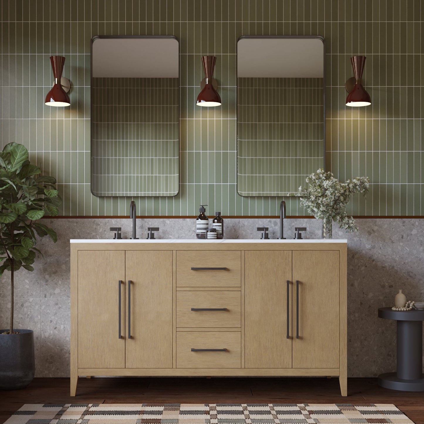 Bergen 60" Double Bathroom Vanity in Wire Brushed Oak | Calacatta Gold Quartz Countertop