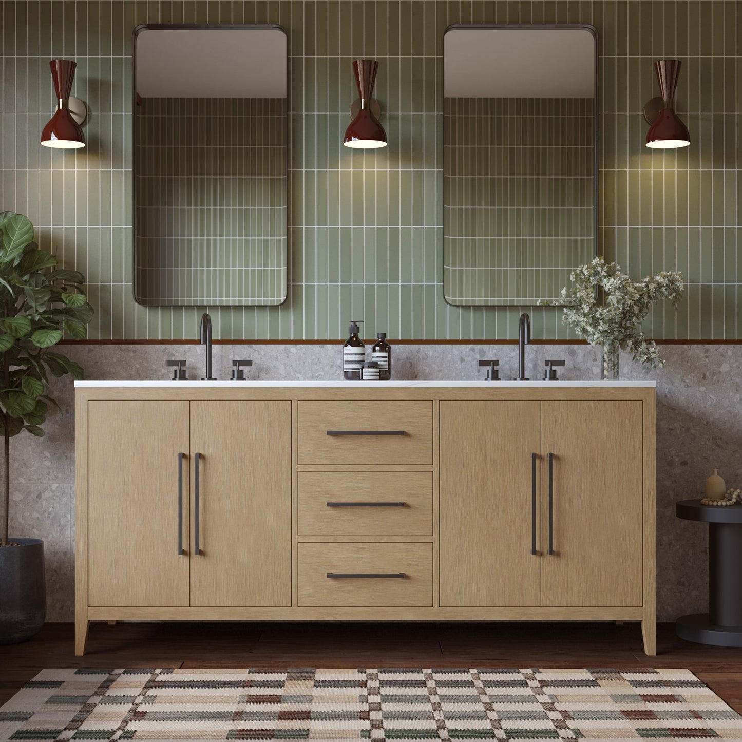 Bergen 72" Double Bathroom Vanity | Brushed Oak | Calacatta Gold Quartz
