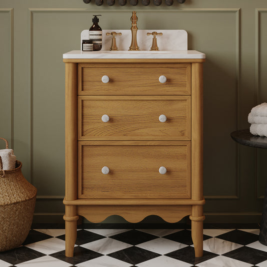 Juliette 24" Scallop Single Bathroom Vanity | Enhanced Natural Oak | Cultured Marble Countertop