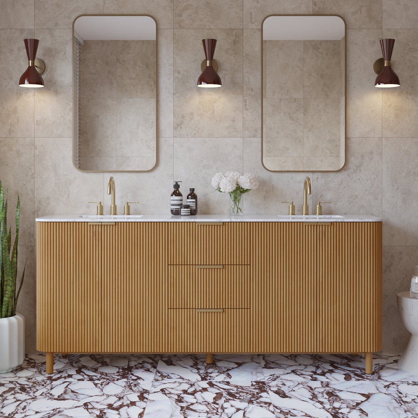 Havana 78" Reeded Double Bathroom Vanity | Carrara Marble Countertop