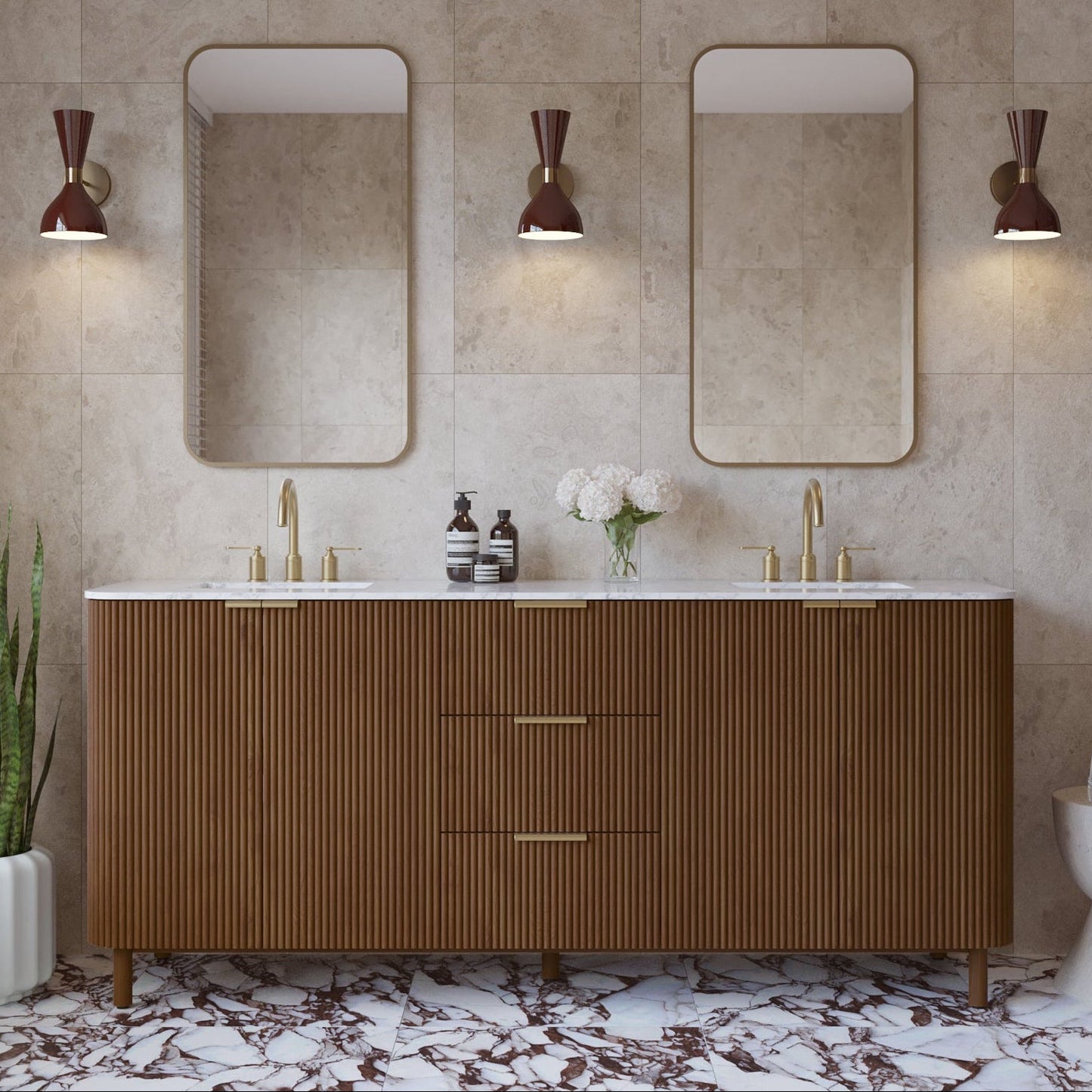 Havana 78" Double Bathroom Vanity in Brown Reeded Birch | Carrara Marble Countertop
