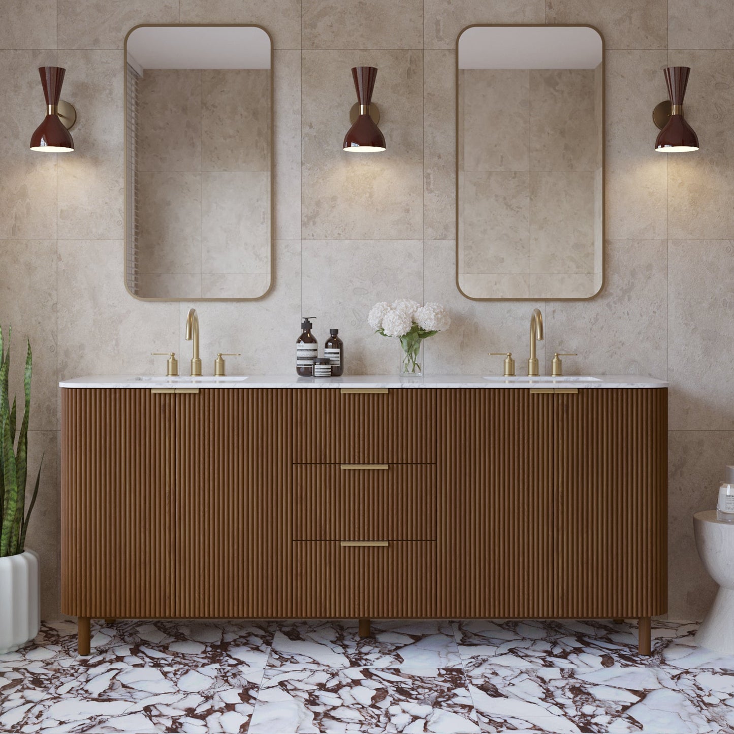 Havana 78" Double Bathroom Vanity in Brown Reeded Birch | Carrara Marble Countertop