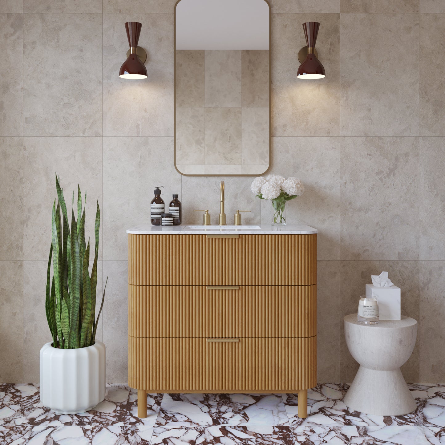 Havana 36" Single Bathroom Vanity in Reeded Birch | Carrara Marble Countertop
