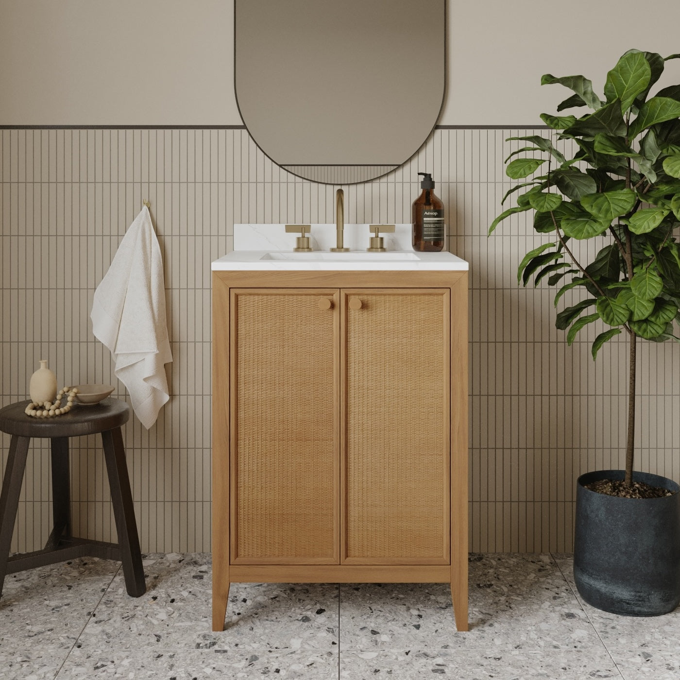 Whitney 24"W x 20"D Rattan RTA Single Bathroom Vanity | Calacatta Gold Quartz Countertop