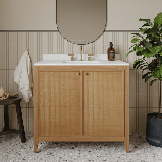 Whitney 36"W x 22"D Rattan RTA Single Bathroom Vanity | Calacatta Gold Quartz Countertop