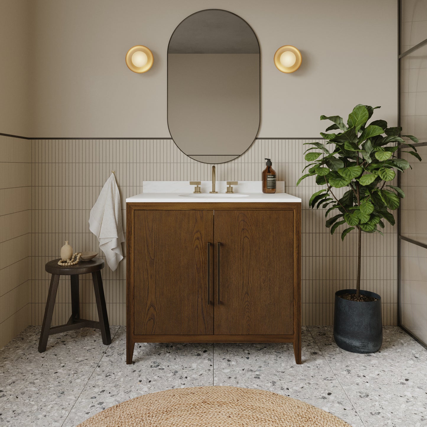 Bergen 36"W x 22"D Single Sink Bathroom Vanity | Enhanced Brown Oak | Calacatta Gold Quartz