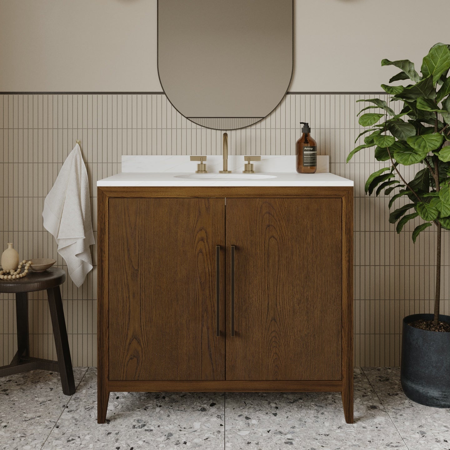 Bergen 36"W x 22"D Single Sink Bathroom Vanity | Enhanced Brown Oak | Calacatta Gold Quartz
