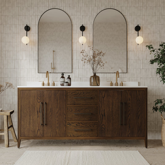 Bergen 72" Double Bathroom Vanity | Enhanced Brown Oak | Calacatta Gold Quartz