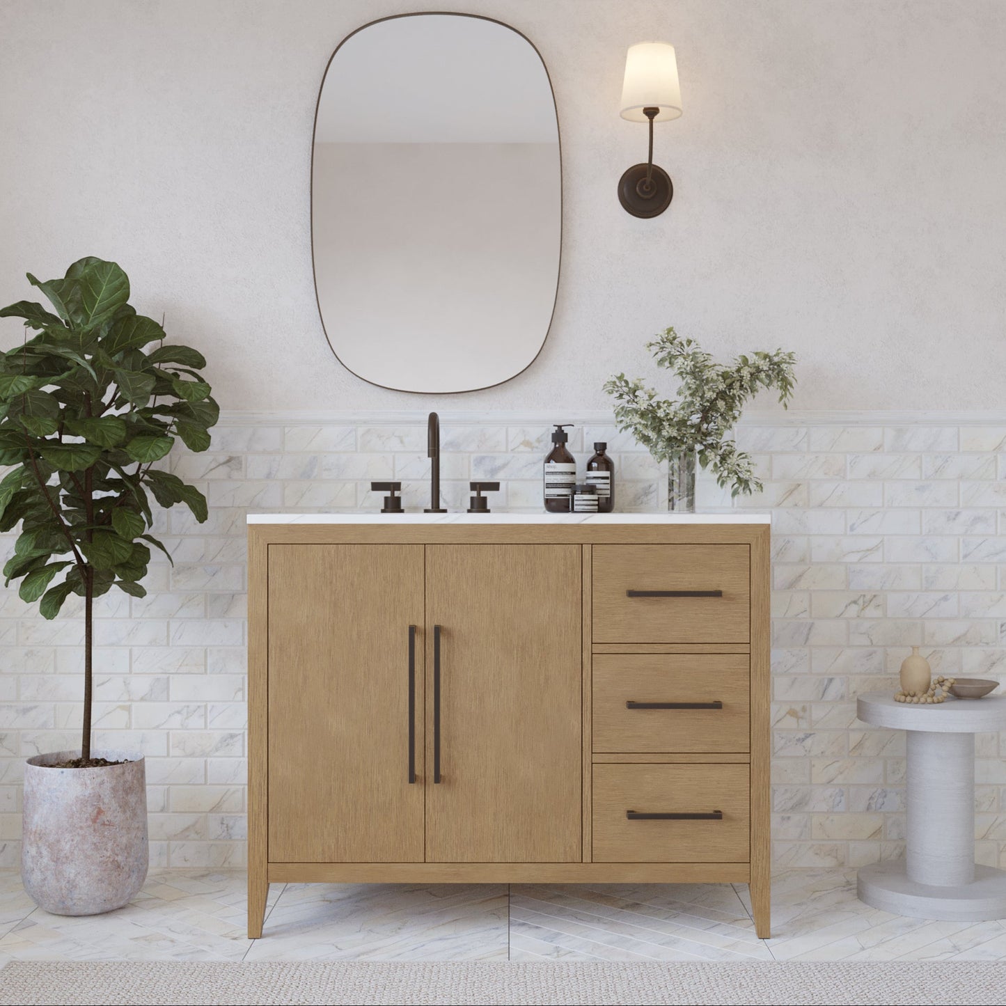 Bergen 42" Single Bathroom Vanity in Wire Brushed Oak | White Statuario Quartz Countertop