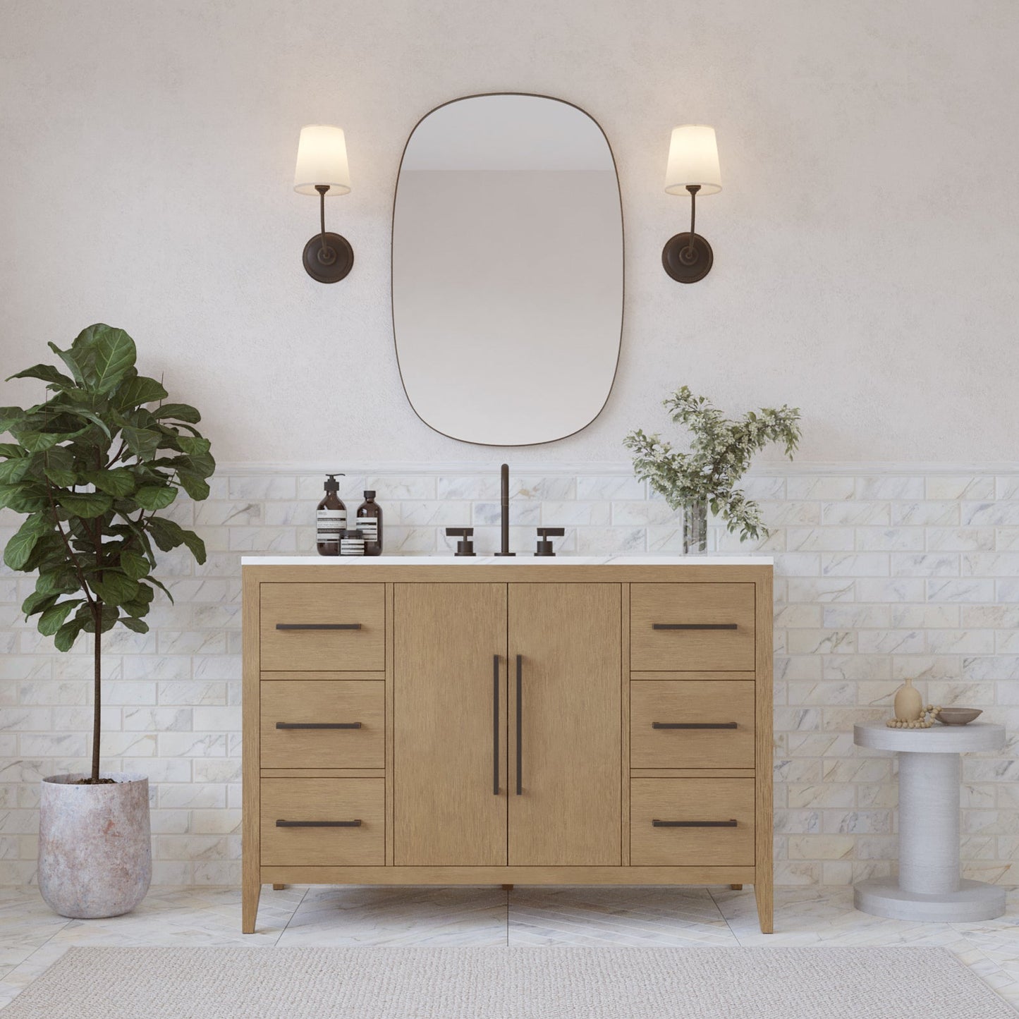 Bergen 48" Single Bathroom Vanity in Wire Brushed Oak | White Statuario Quartz Countertop