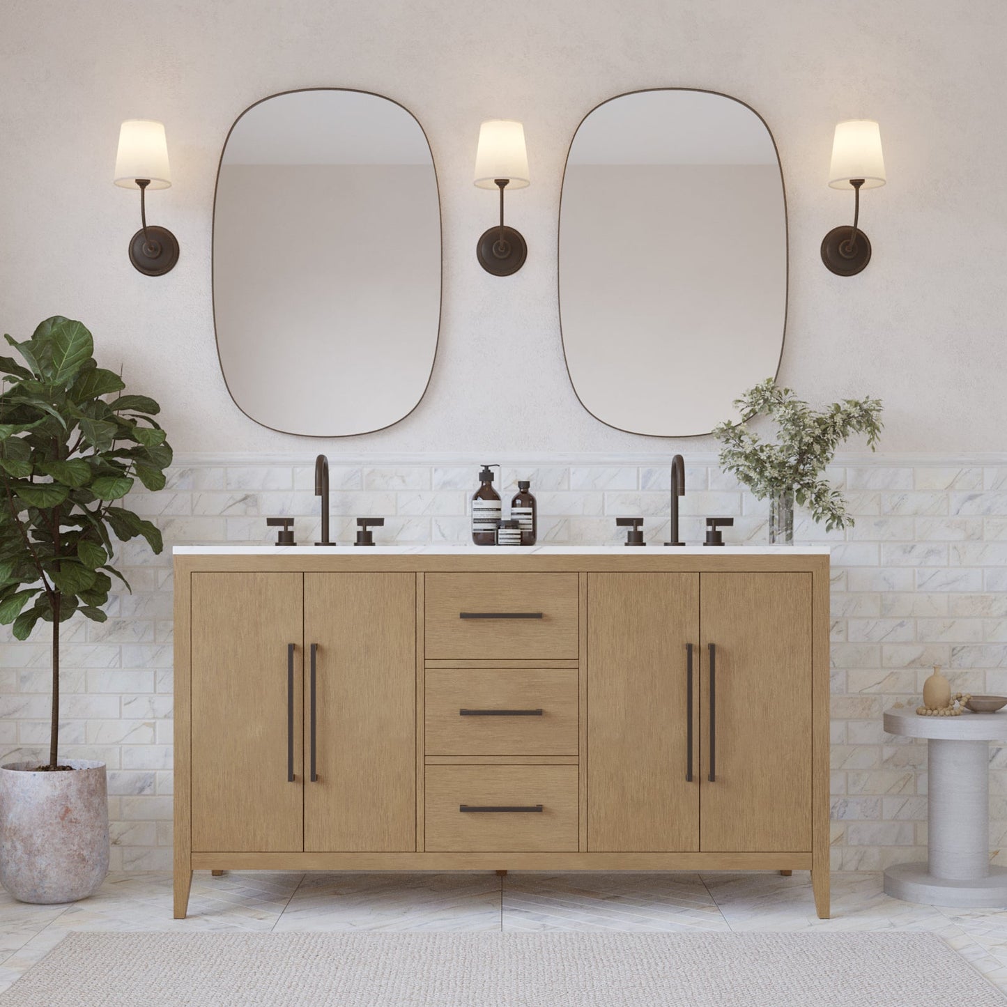 Bergen 60" Double Bathroom Vanity in Wire Brushed Oak | White Statuario Quartz Countertop