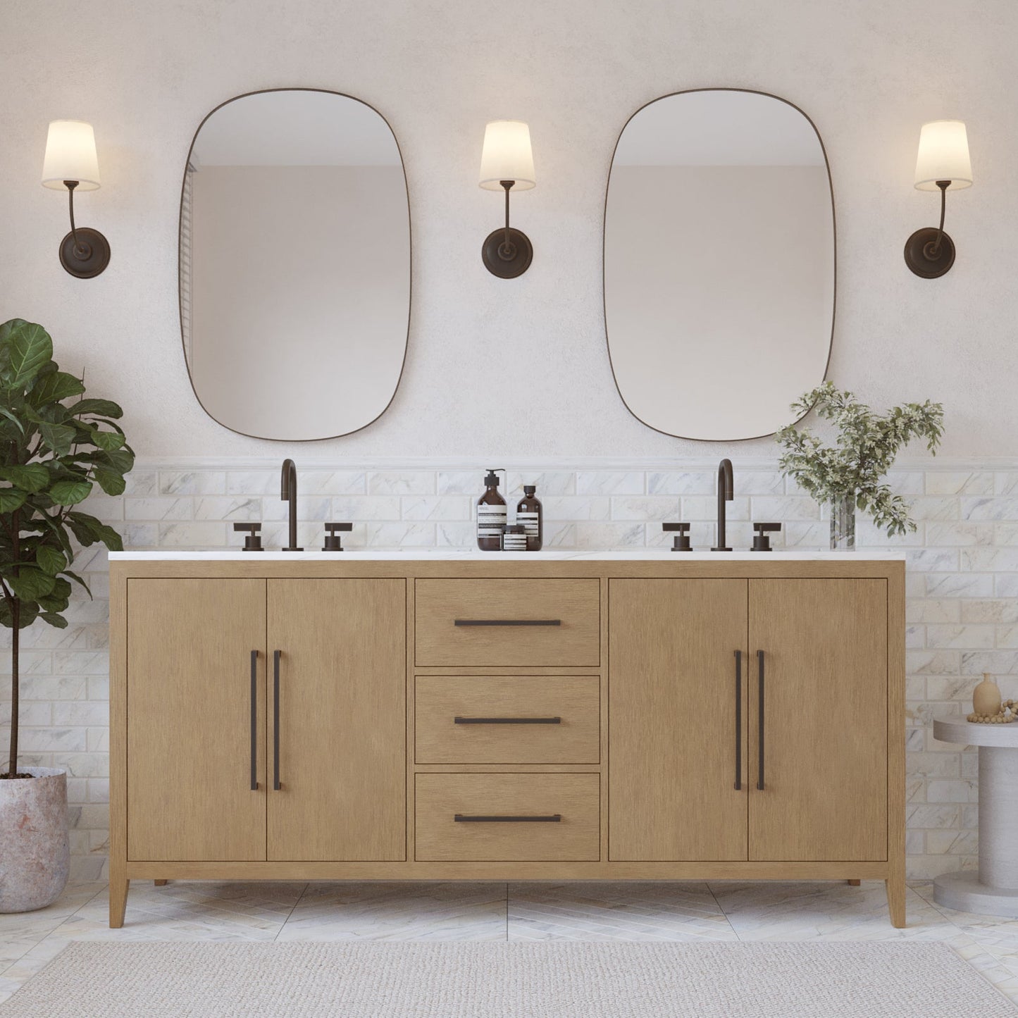 Bergen 72" Double Bathroom Vanity | Brushed Oak | Calacatta Gold Quartz