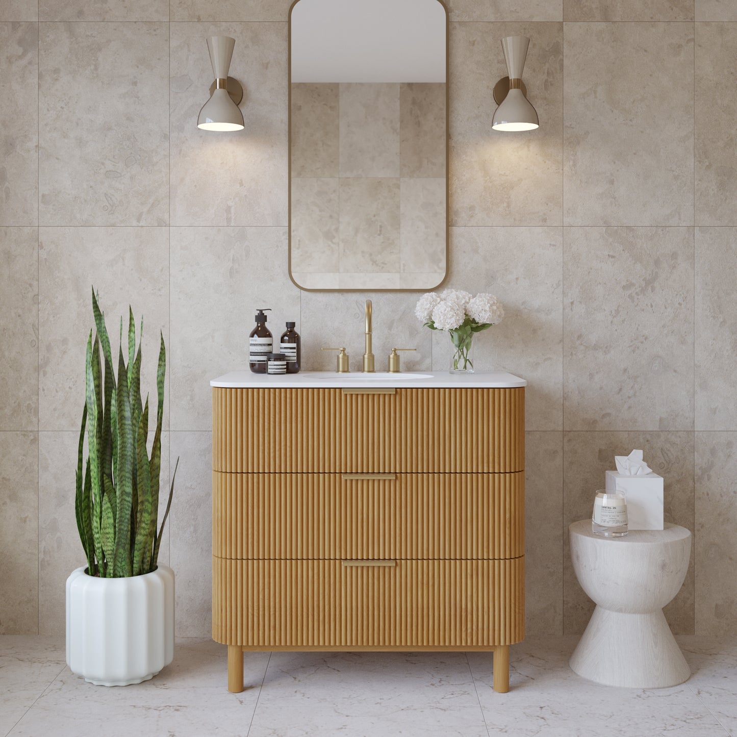 Havana 36" Single Bathroom Vanity in Reeded Birch | White Quartz Countertop