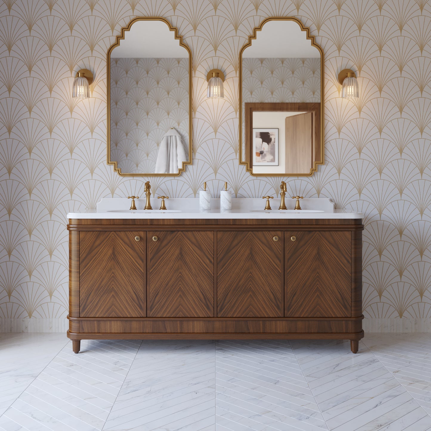 Tamara 72" Double Bathroom Vanity in Chevron Walnut and Statuario Quartz