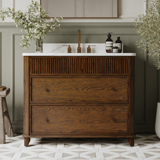 Kathryne 42" Single Bathroom Vanity in Enhanced Brown Oak | Statuario Quartz Countertop