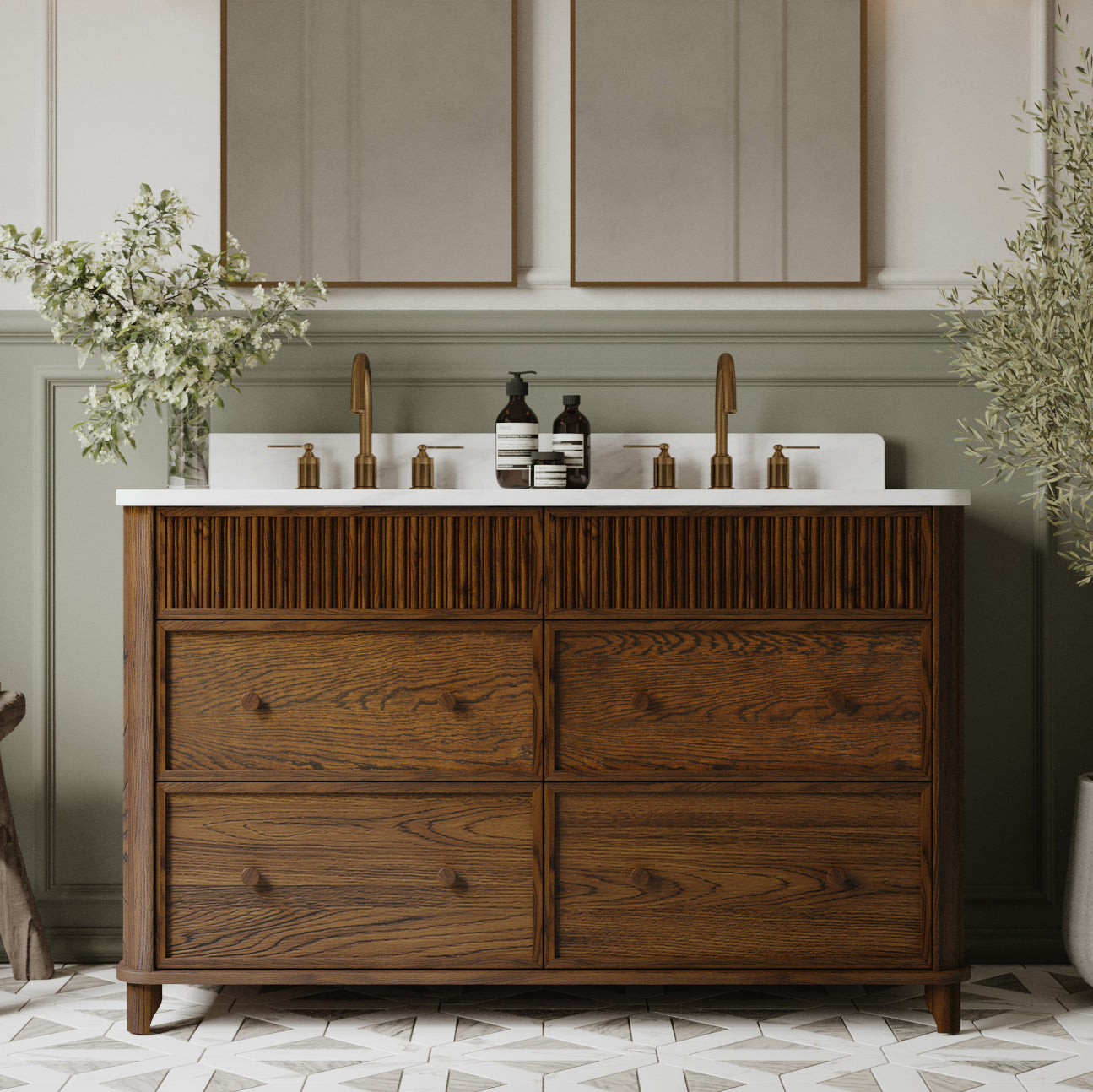 Kathryne 54" Double Bathroom Vanity in Enhanced Brown Oak | Statuario Quartz Countertop