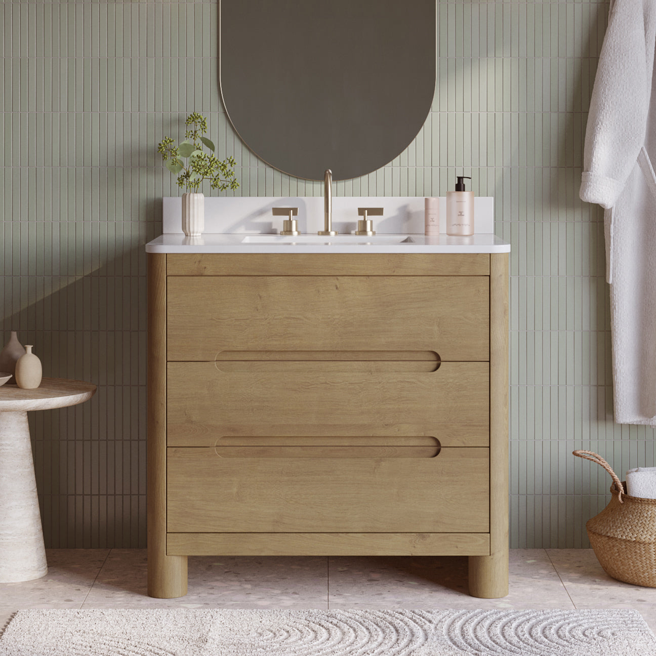 Oslo 36" Single Bathroom Vanity in Varnished Oak | White Quartz Countertop