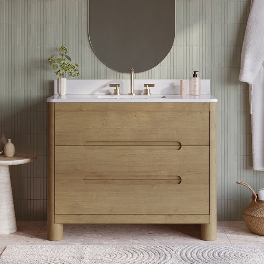 Oslo 42" Single Bathroom Vanity in Varnished Oak | White Quartz Countertop