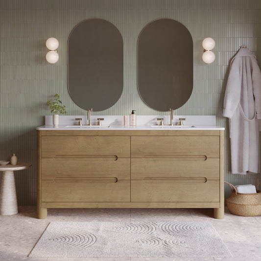 Oslo 72" Double Bathroom Vanity in Varnished Oak | White Quartz Countertop