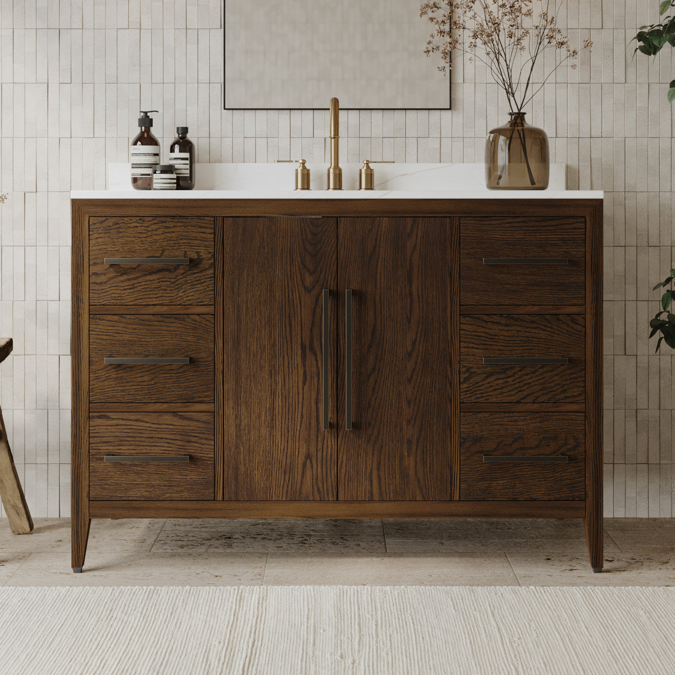Bergen 48" Double Bathroom Vanity in Enhanced Brown Oak | Calacatta Gold Quartz Countertop