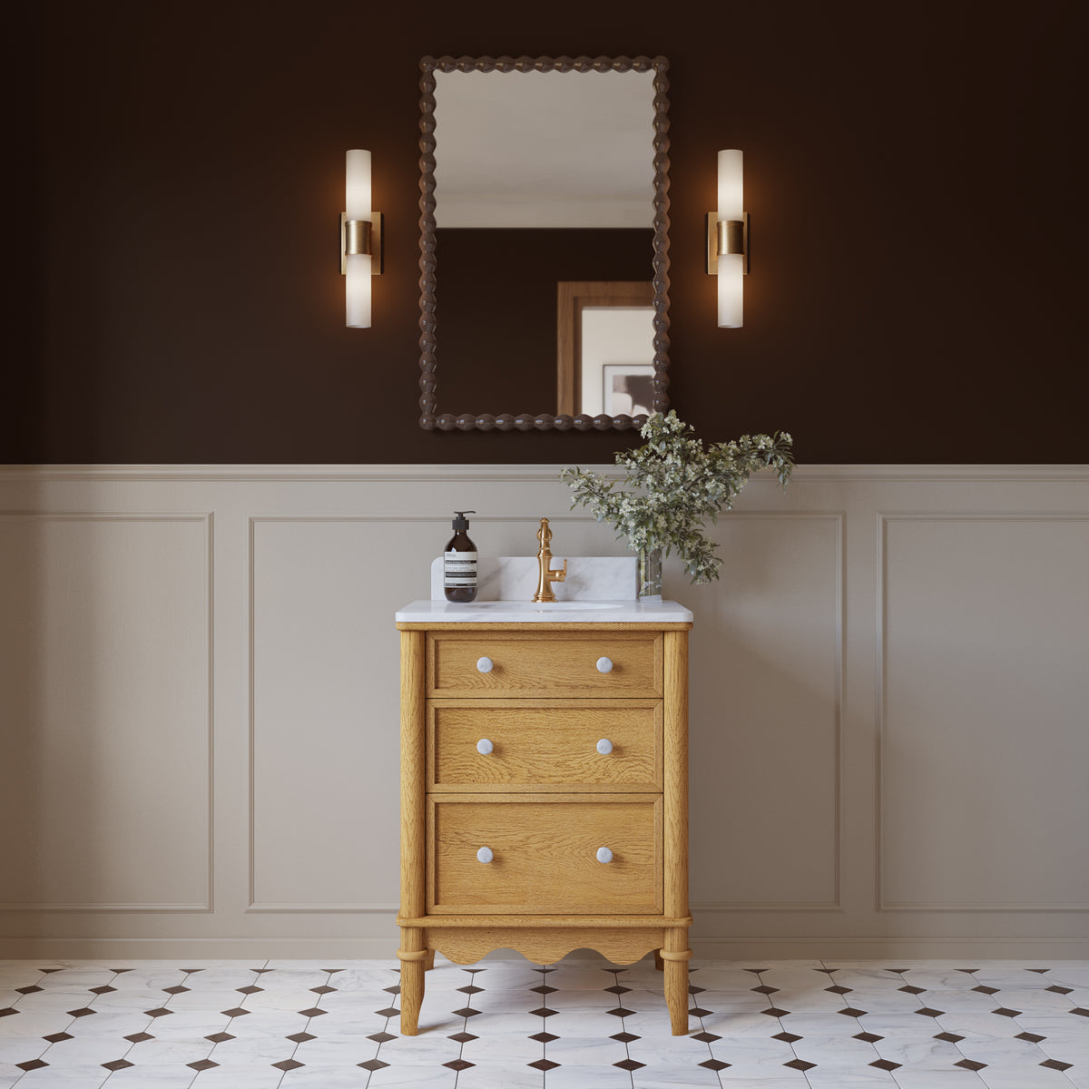 Juliette 24" Scallop Single Bathroom Vanity | Enhanced Natural Oak | Cultured Marble Countertop