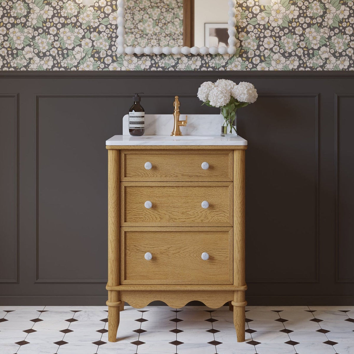 Juliette 24" Scallop Single Bathroom Vanity | Enhanced Natural Oak | Cultured Marble Countertop